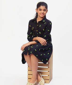 Girls Shirt Style Long Sleeves Dress in Cotton