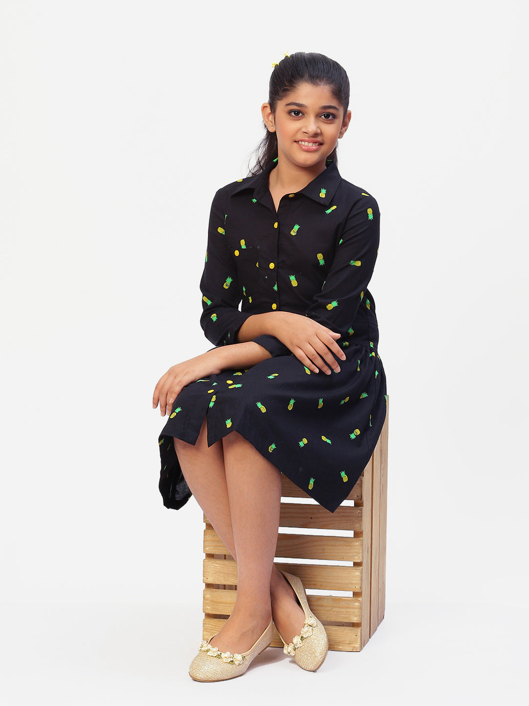 Girls Shirt Style Long Sleeves Dress in Cotton