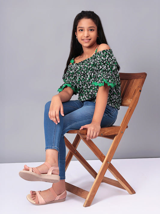 Girls Bardot Top in Green and Black Printed Rayon
