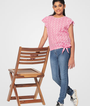 Girls Pink Printed Cotton Top