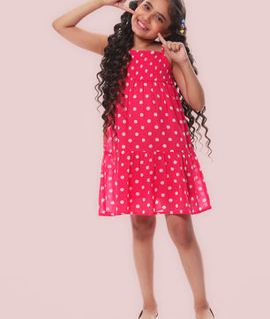 Girls Pink Polka Dotted Tiered Dress
