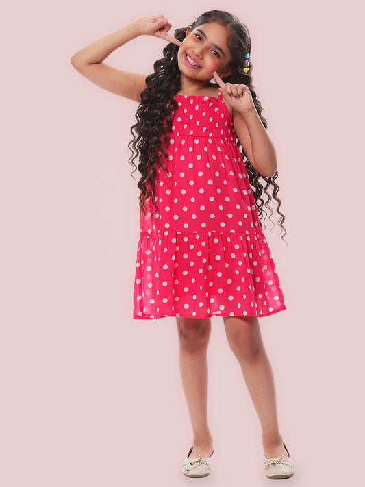 Girls Pink Polka Dotted Tiered Dress