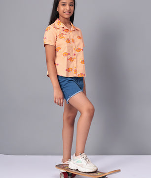 Girls Shirt Style Short Sleeves Printed Cotton Top