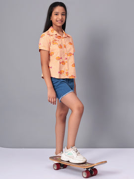 Girls Shirt Style Short Sleeves Printed Cotton Top