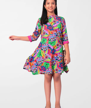 Girls Multicolored Printed Rayon Dress