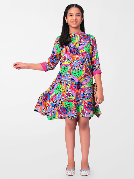 Girls Multicolored Printed Rayon Dress