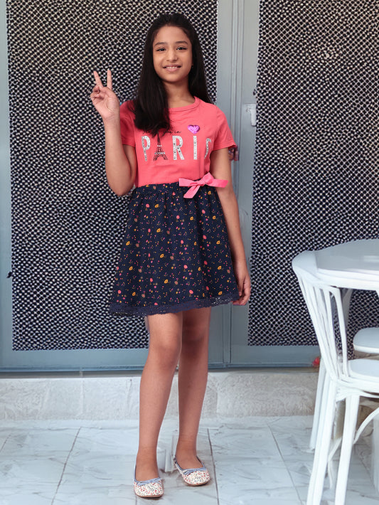 Girls Blue Printed Flared Skirt