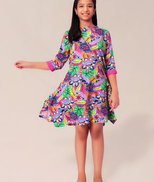 Girls Multicolored Printed Rayon Dress