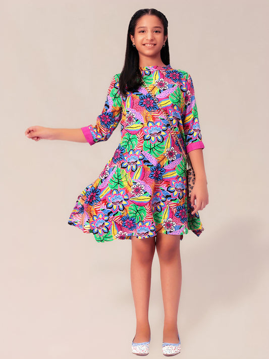 Girls Multicolored Printed Rayon Dress