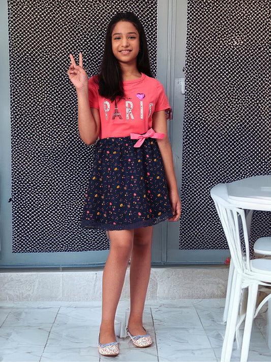 Girls Blue Printed Flared Skirt