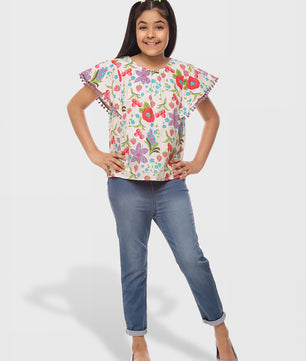 Girls Floral Print Cotton Top