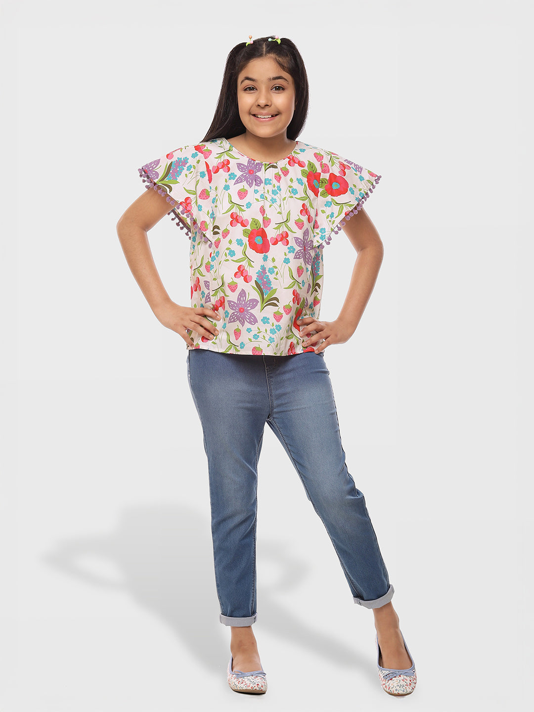 Girls Floral Print Cotton Top