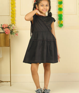 Girls Cotton Satin Dress in Black Color