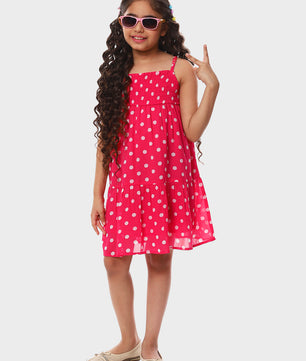 Girls Pink Polka Dotted Tiered Dress