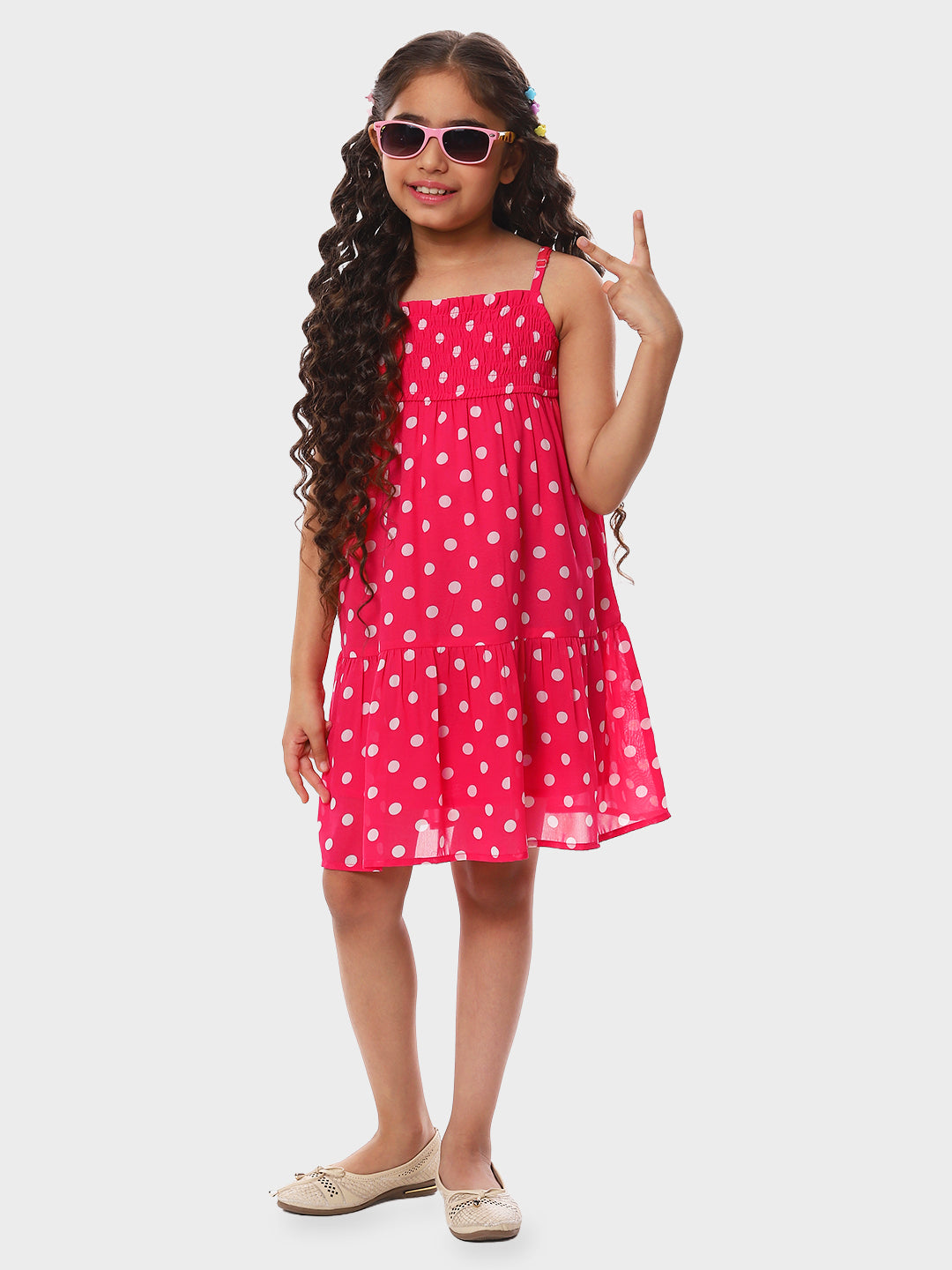 Girls Pink Polka Dotted Tiered Dress