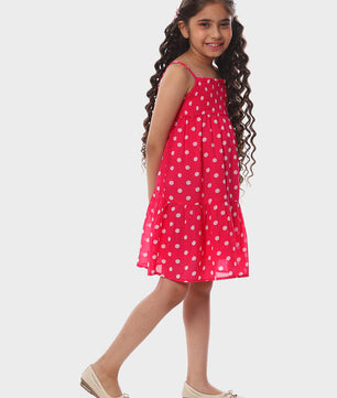 Girls Pink Polka Dotted Tiered Dress