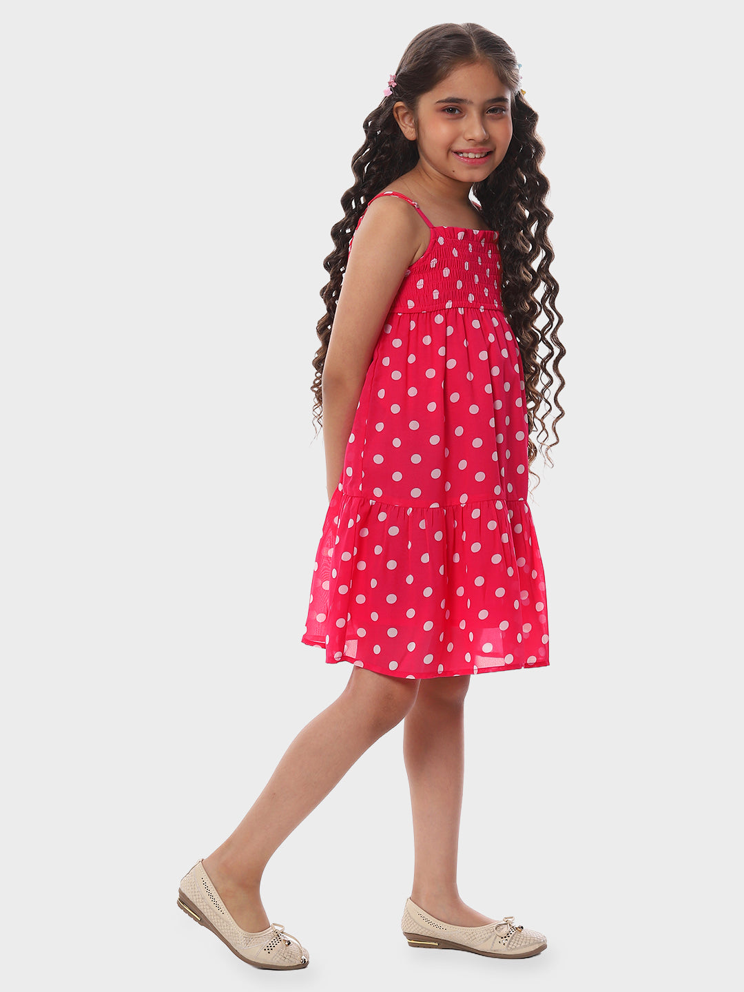 Girls Pink Polka Dotted Tiered Dress