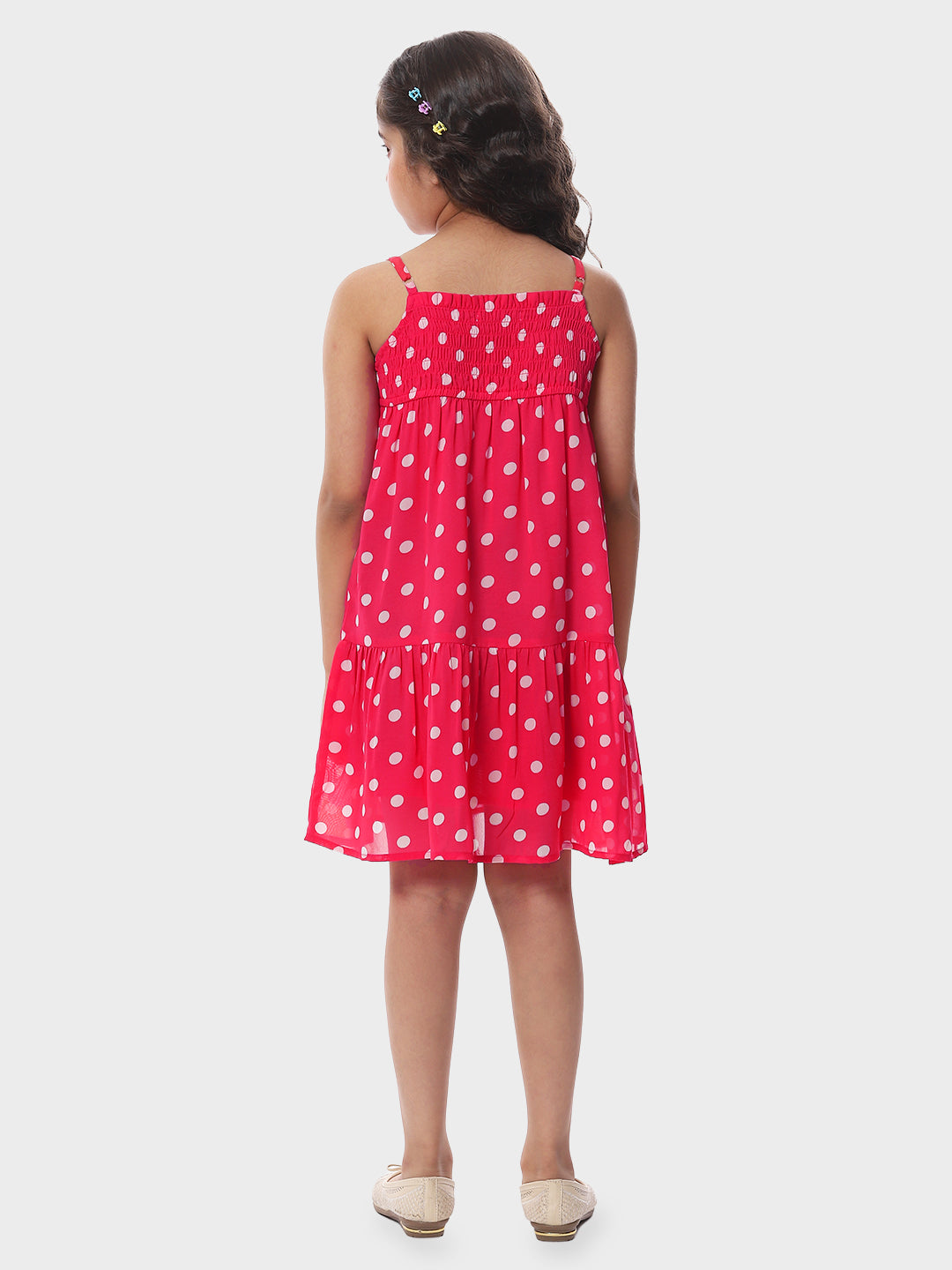 Girls Pink Polka Dotted Tiered Dress