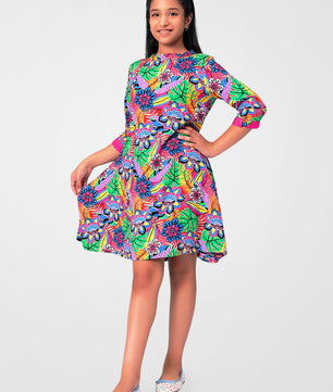 Girls Multicolored Printed Rayon Dress