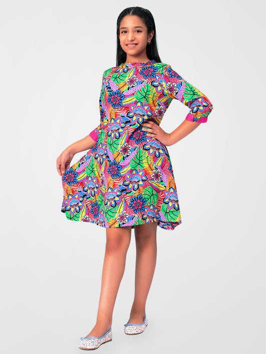 Girls Multicolored Printed Rayon Dress