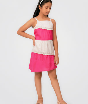 Girls Color Blocked Dress in Glazed Cotton
