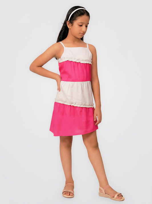 Girls Color Blocked Dress in Glazed Cotton