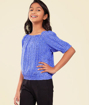 Girls Blue Printed Rayon Top