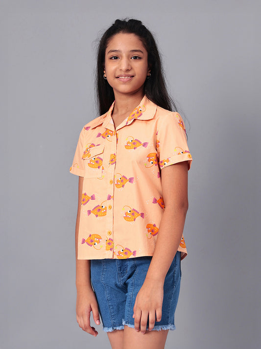 Girls Shirt Style Short Sleeves Printed Cotton Top