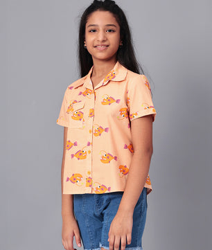 Girls Shirt Style Short Sleeves Printed Cotton Top
