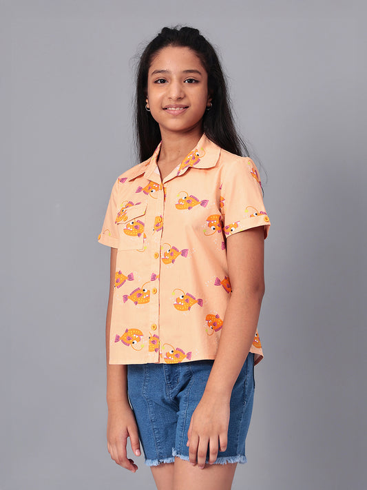 Girls Shirt Style Short Sleeves Printed Cotton Top