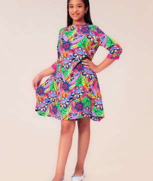 Girls Multicolored Printed Rayon Dress