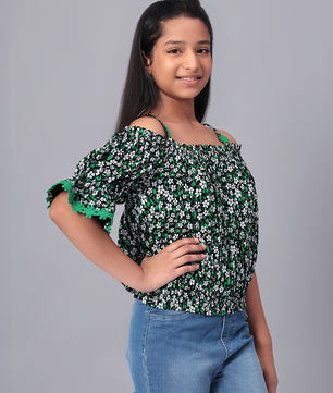 Girls Bardot Top in Green and Black Printed Rayon