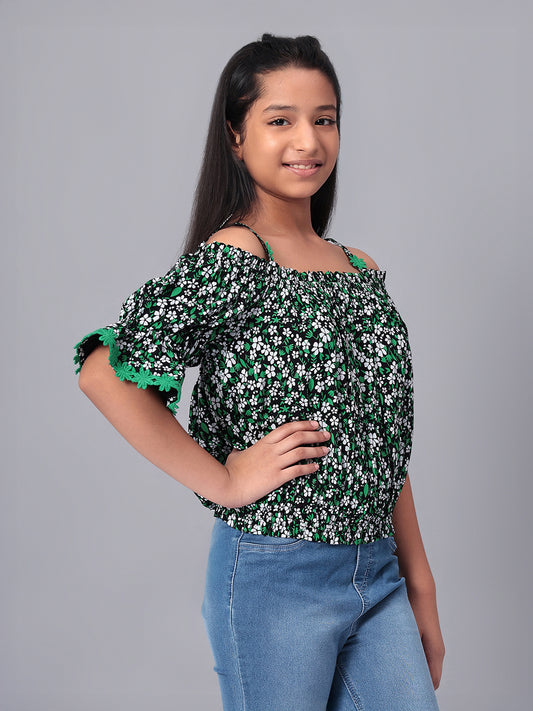 Girls Bardot Top in Green and Black Printed Rayon