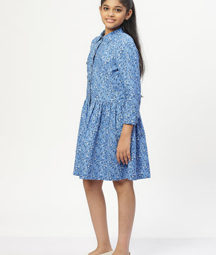 Girls Shirt Style Long Sleeves Dress in Cotton Twill