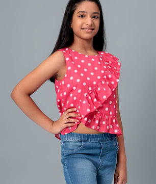Girls Pink Polka Dotted Georgette Top