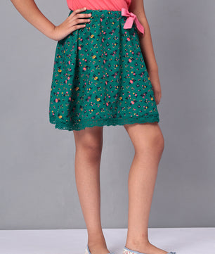Girls Green Printed Flared Skirt