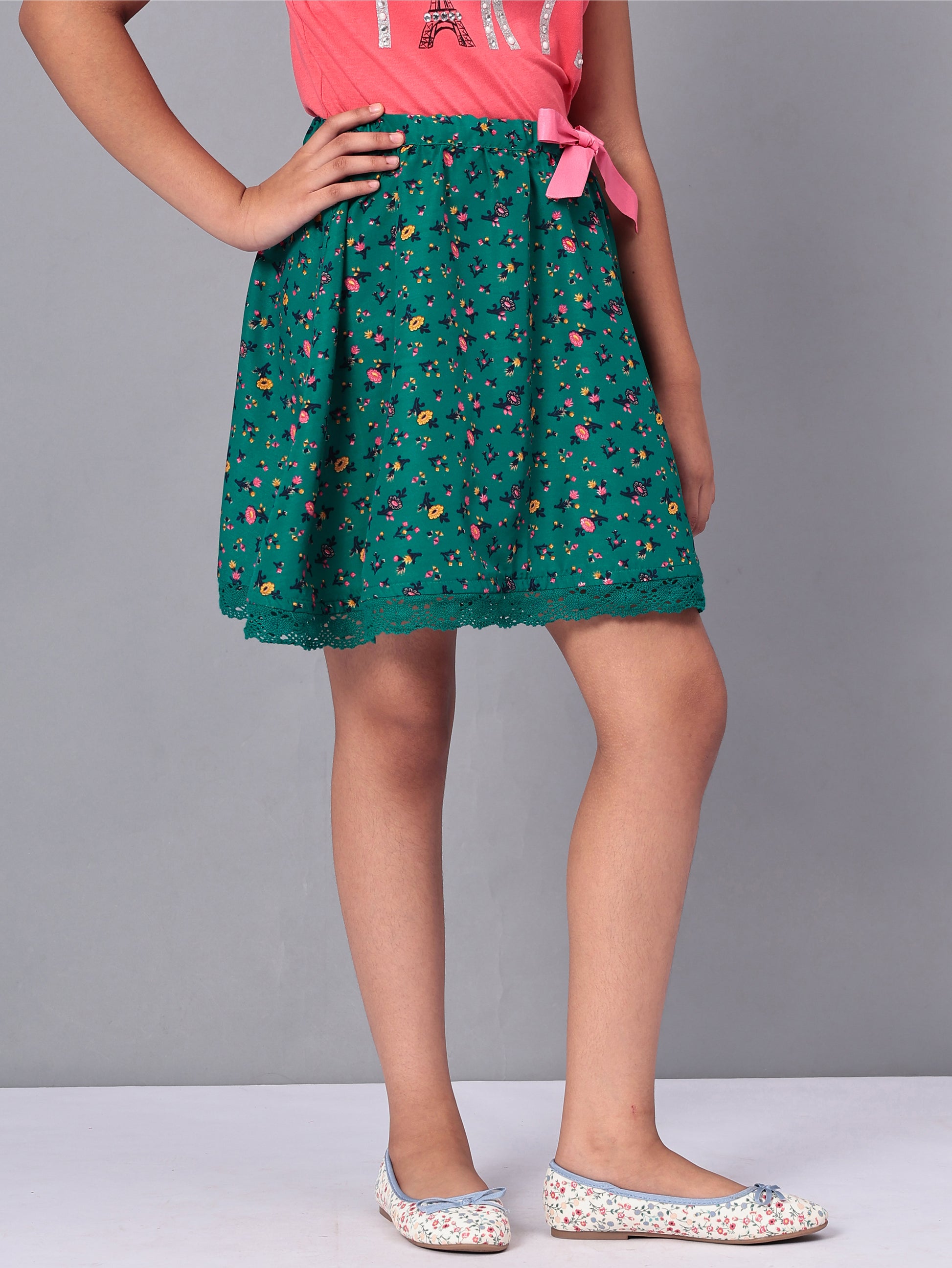 Girls Green Printed Flared Skirt