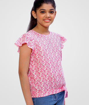 Girls Pink Printed Cotton Top