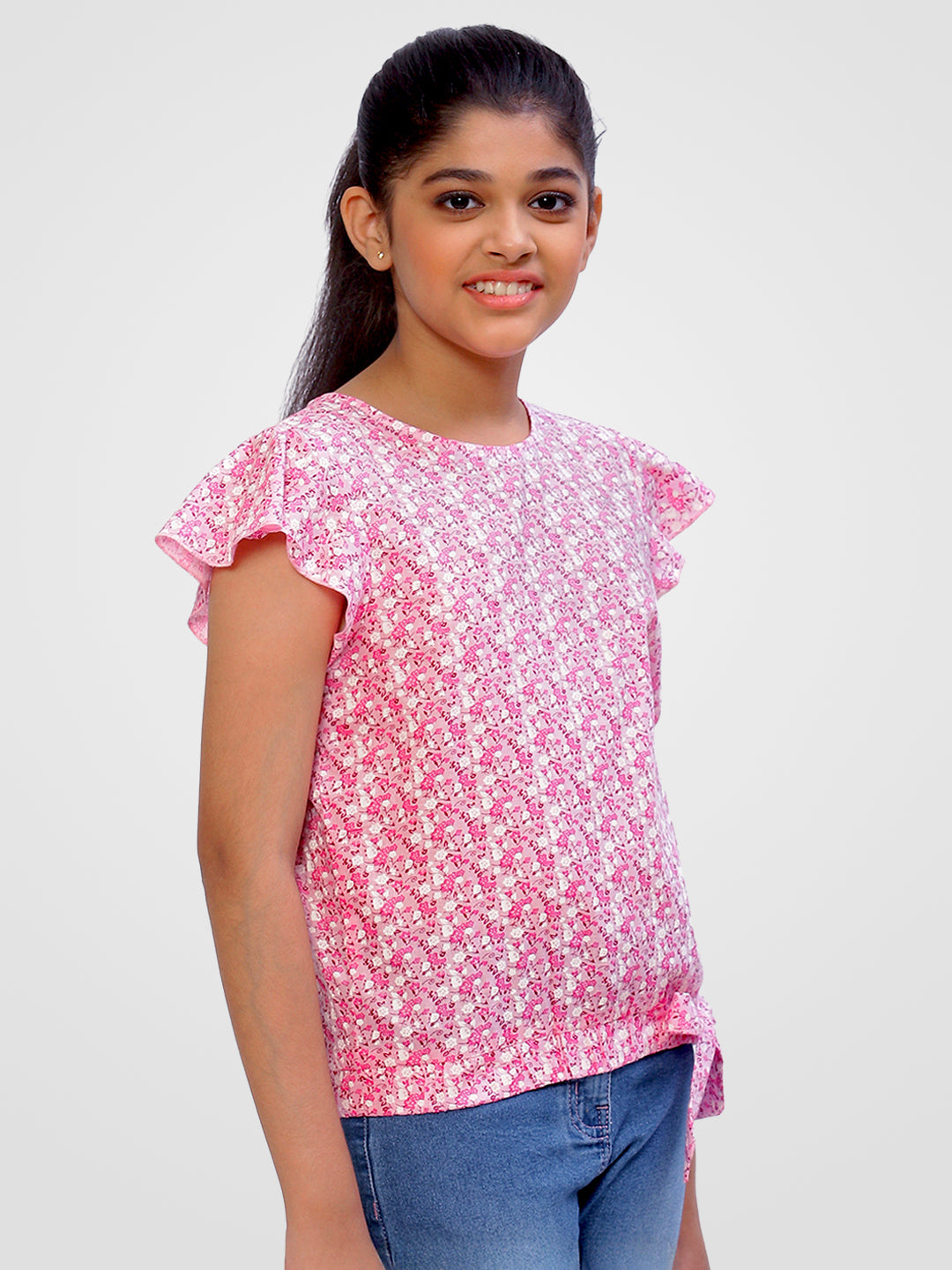 Girls Pink Printed Cotton Top