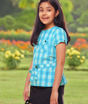 Girls Turquoise Blue Checked Cotton Top