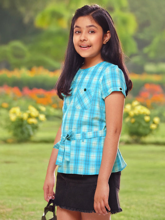 Girls Turquoise Blue Checked Cotton Top