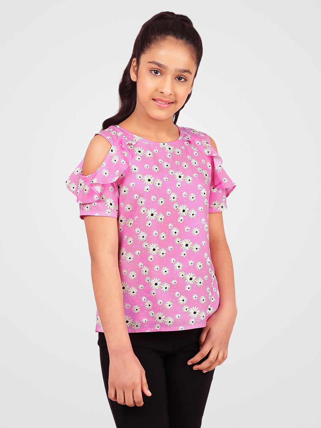 Girls Cold Shoulder Ruffle Top