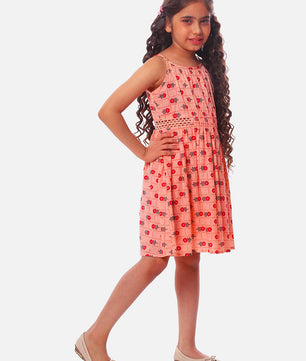 Girls Printed Cotton Dress in Peach Color