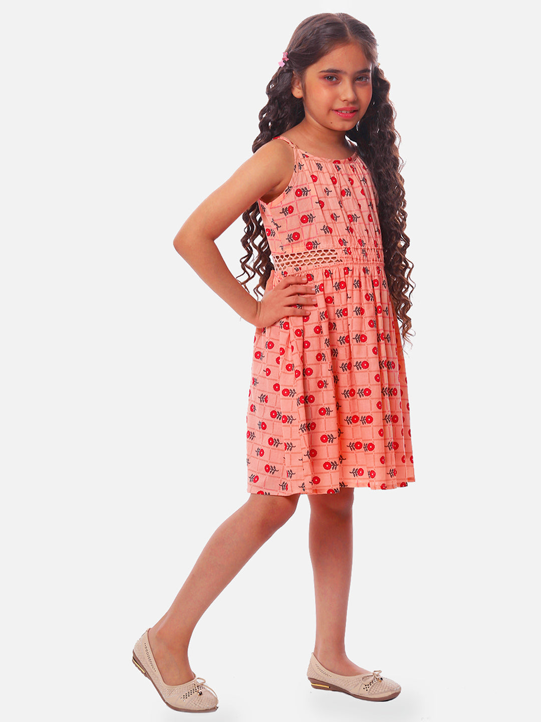 Girls Printed Cotton Dress in Peach Color