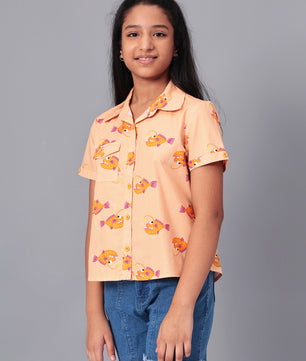 Girls Shirt Style Short Sleeves Printed Cotton Top