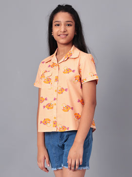 Girls Shirt Style Short Sleeves Printed Cotton Top