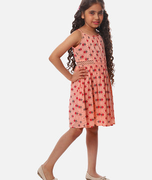 Girls Printed Cotton Dress in Peach Color
