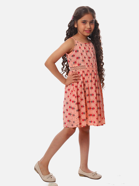 Girls Printed Cotton Dress in Peach Color