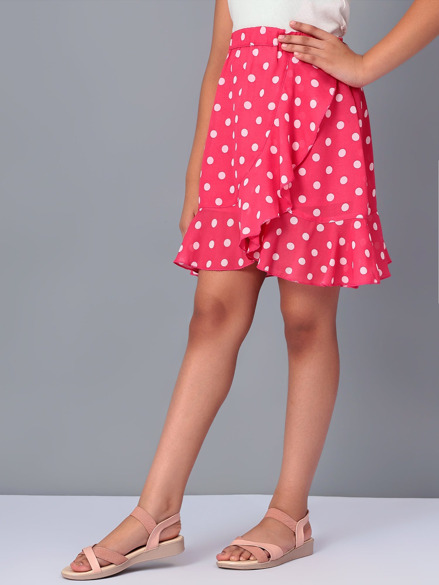 Girls Pink Polka Dotted Georgette Skirt