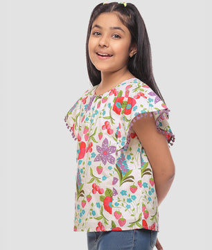 Girls Floral Print Cotton Top